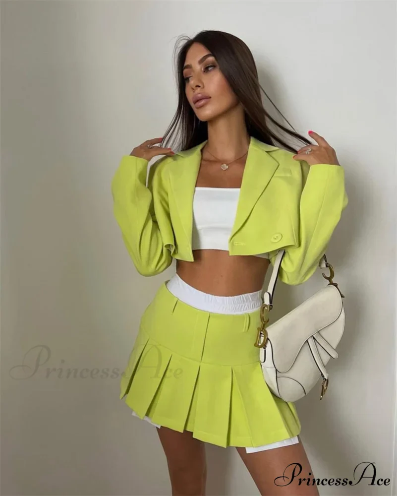 Cropped Blazer And Charming Pleated Mini Skirt Set - Image 47