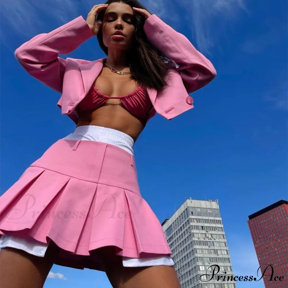 Cropped Blazer And Charming Pleated Mini Skirt Set - Image 49