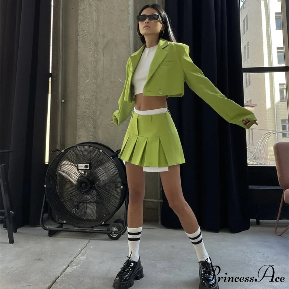 Cropped Blazer And Charming Pleated Mini Skirt Set - Image 50