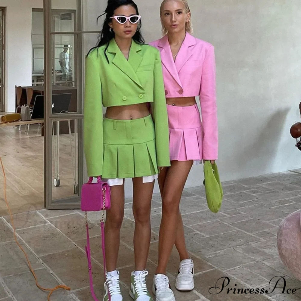 Cropped Blazer And Charming Pleated Mini Skirt Set - Image 51