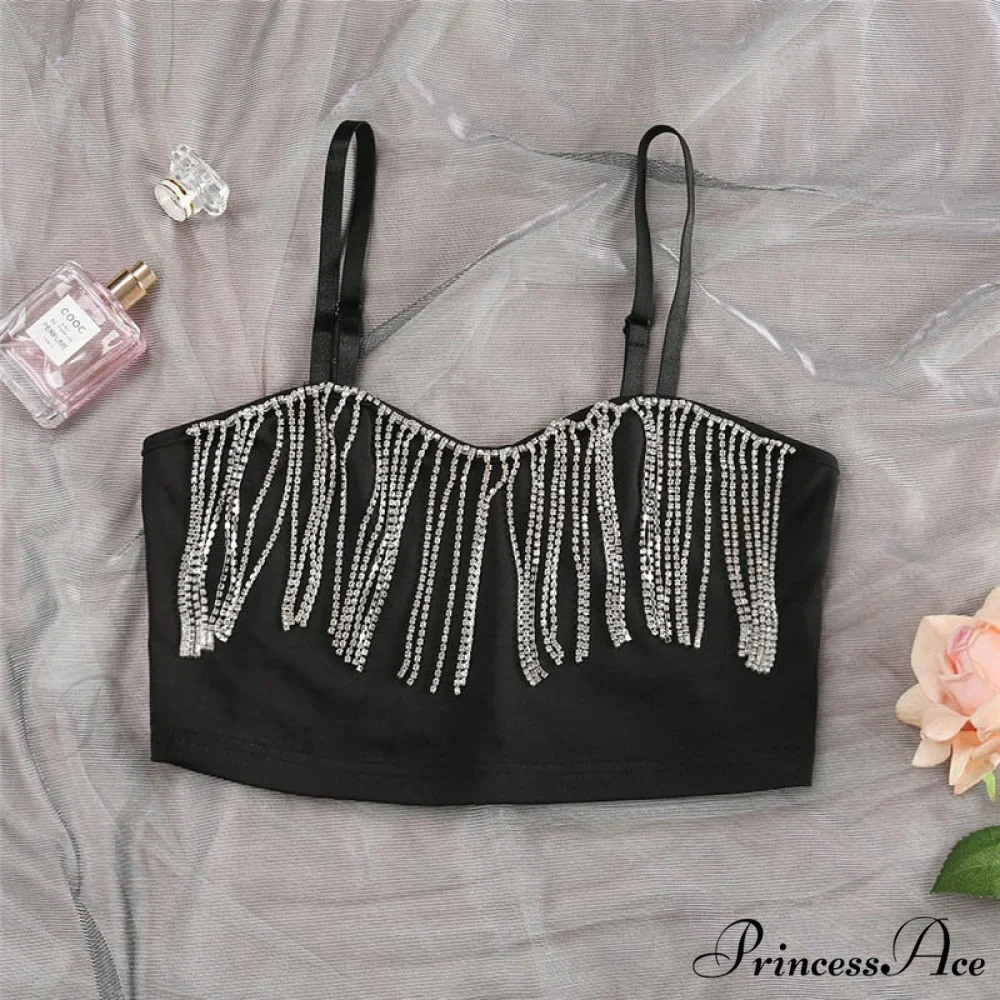 Black Strap Crop Charming Top With Rhinestone Fringe - Image 2