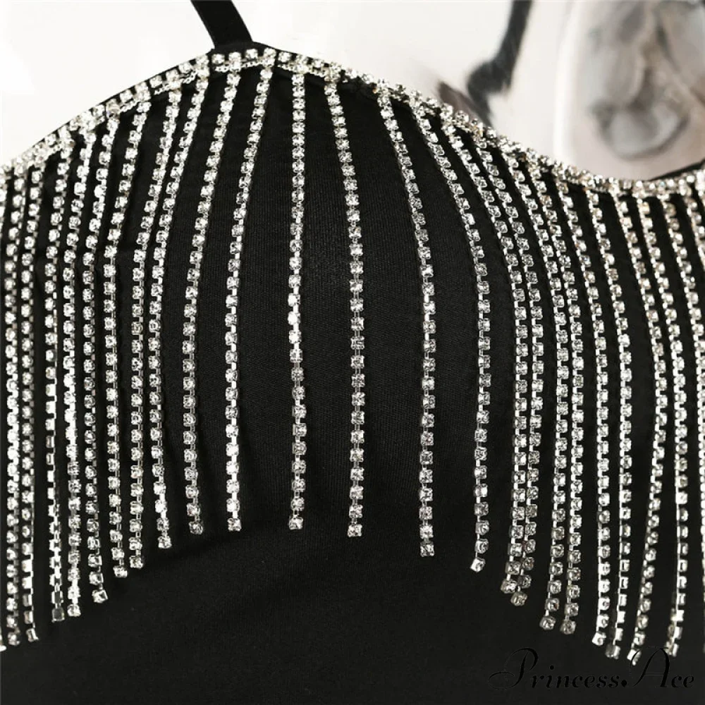 Black Strap Crop Charming Top With Rhinestone Fringe - Image 3