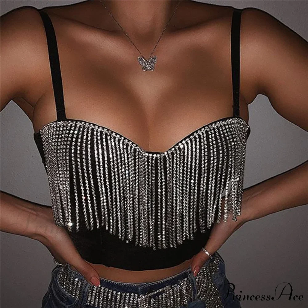 Black Strap Crop Charming Top With Rhinestone Fringe - Image 4