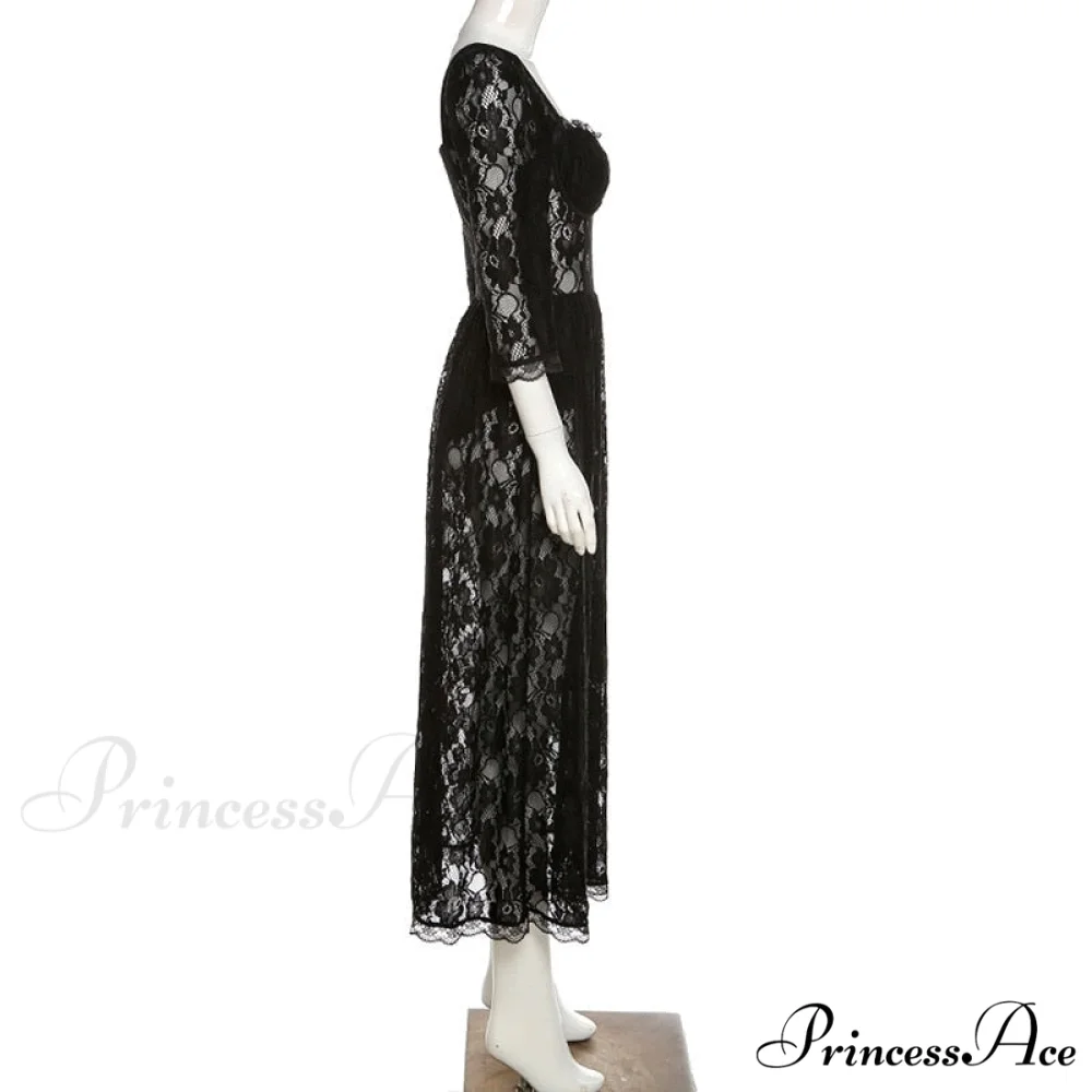 Black Lace Mesh Charming Long Sleeve Midi Dress - Image 10