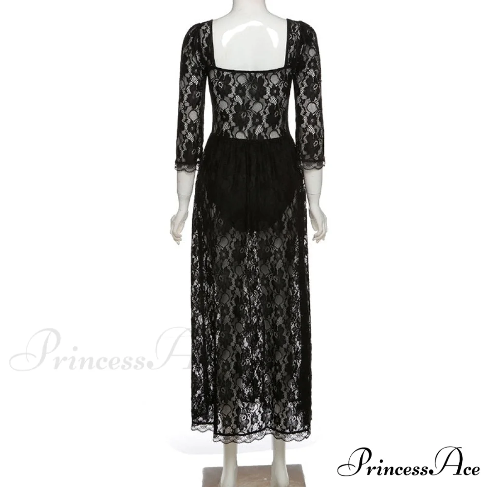 Black Lace Mesh Charming Long Sleeve Midi Dress - Image 11