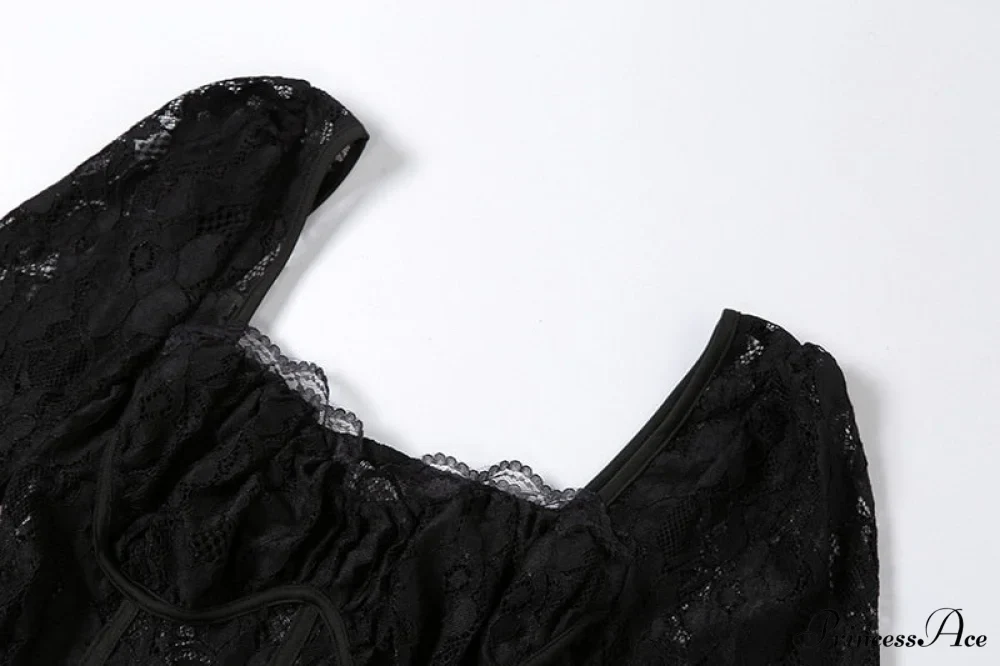 Black Lace Mesh Charming Long Sleeve Midi Dress - Image 12