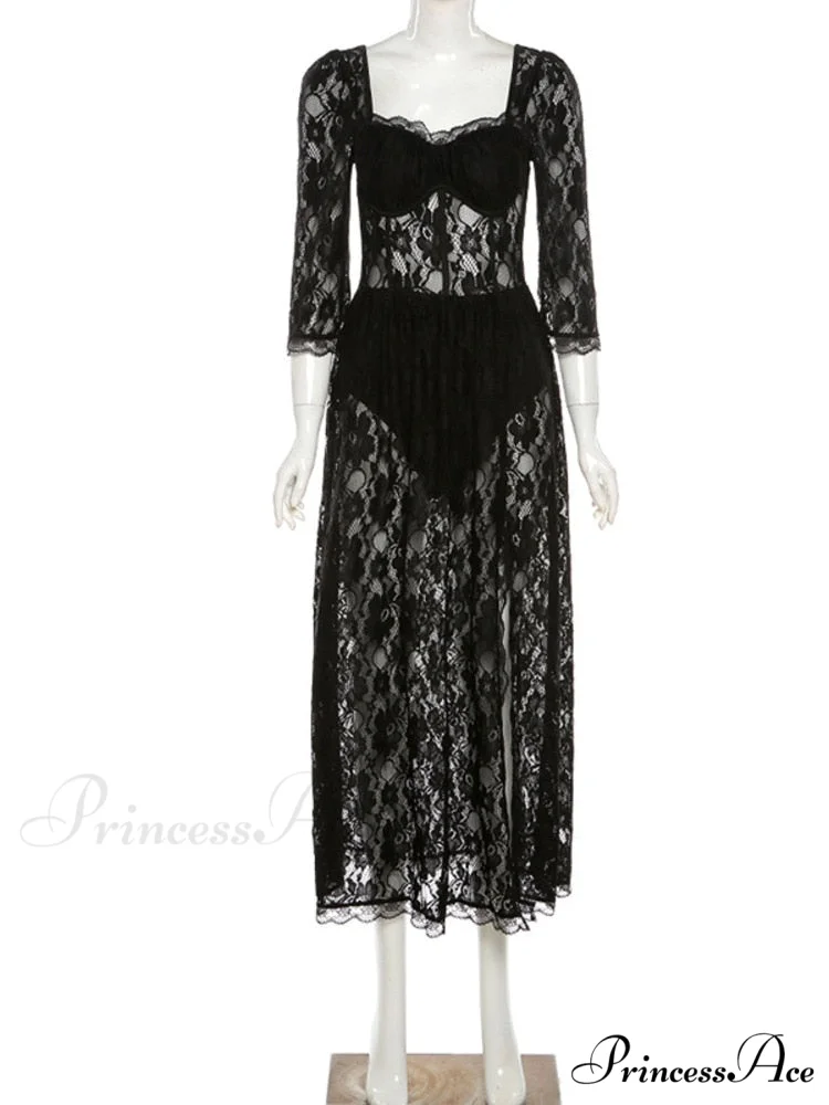 Black Lace Mesh Charming Long Sleeve Midi Dress - Image 4