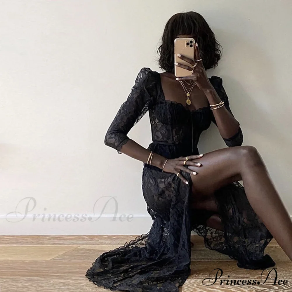 Black Lace Mesh Charming Long Sleeve Midi Dress - Image 7