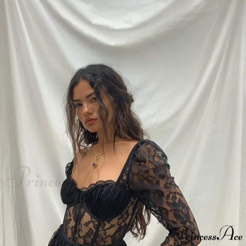 Black Lace Mesh Charming Long Sleeve Midi Dress - Image 9