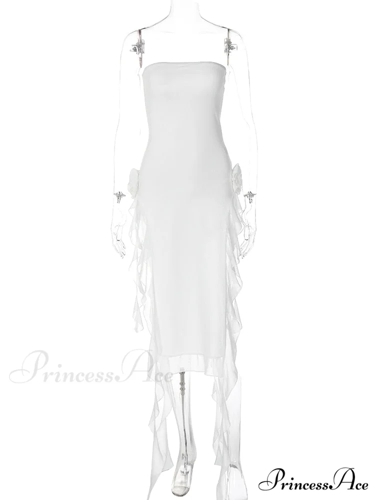 Mesh Fringe Flower Charming Tube Midi Dress - Image 4