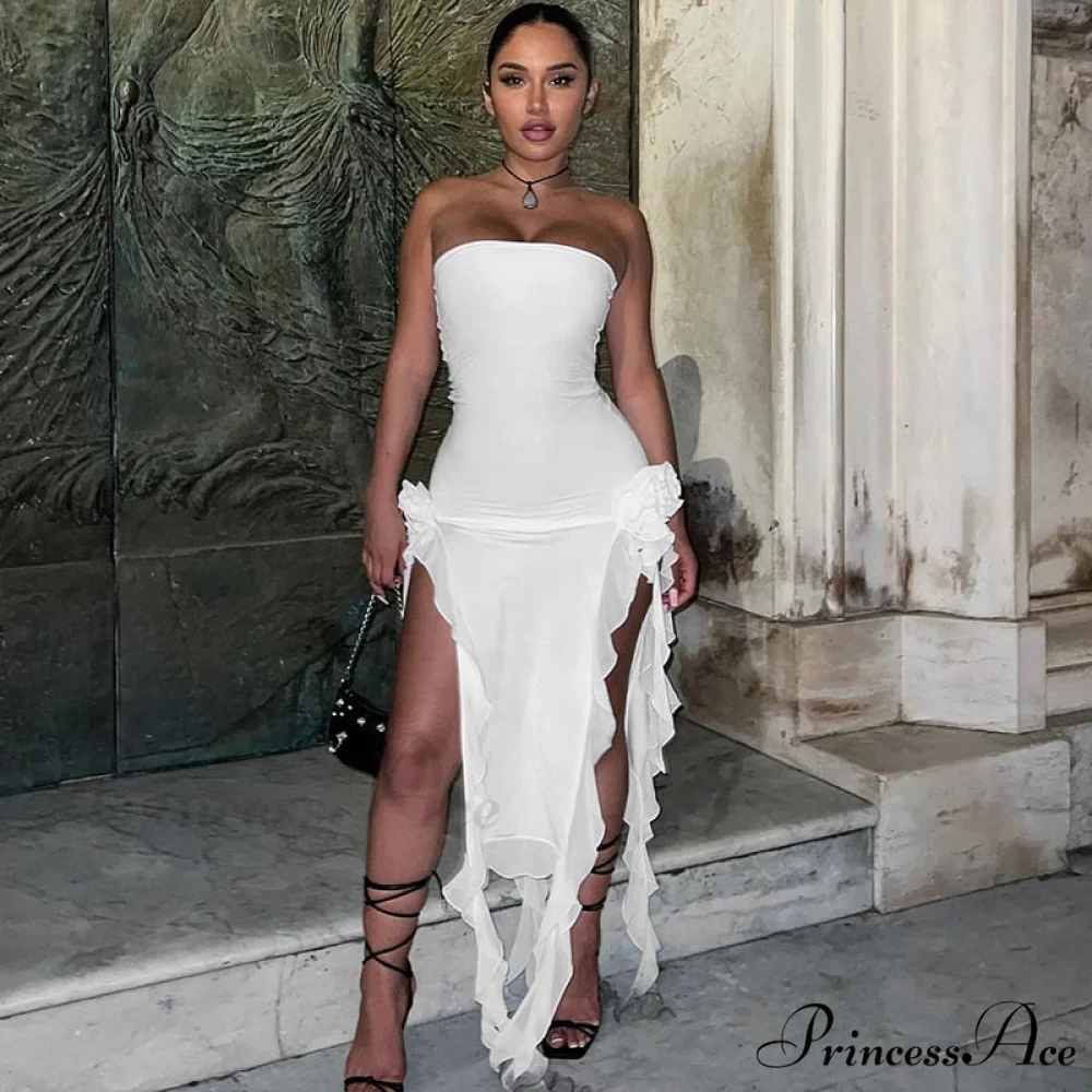 Mesh Fringe Flower Charming Tube Midi Dress - Image 6