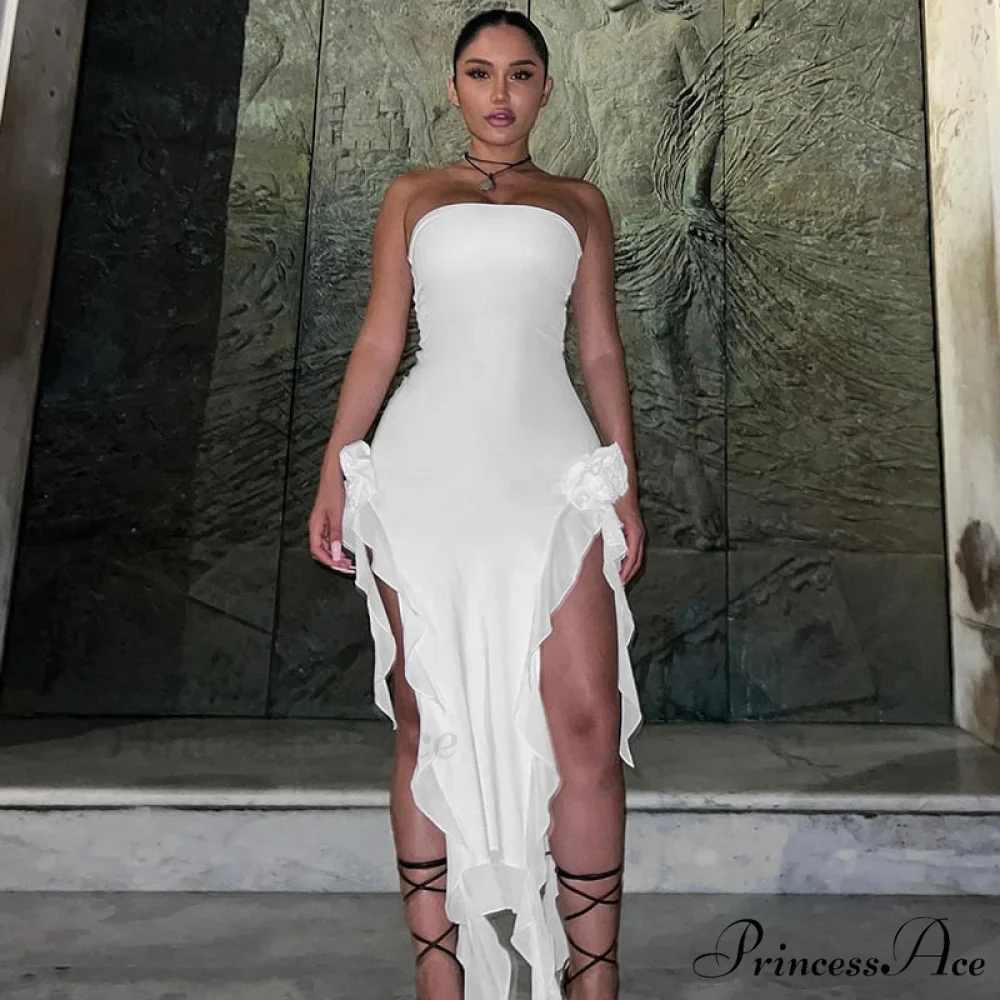 Mesh Fringe Flower Charming Tube Midi Dress - Image 7