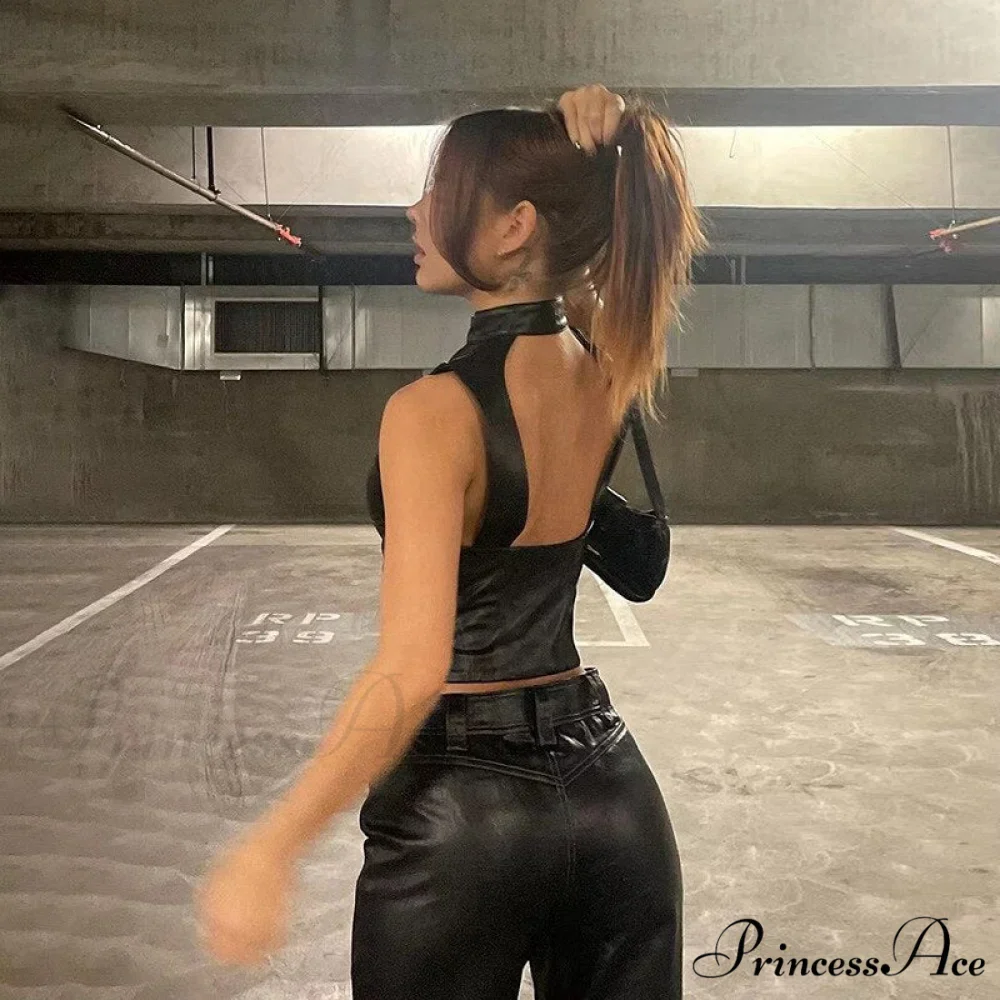 Black Pu Leather Charming Moto Zipper Tank Top - Image 4