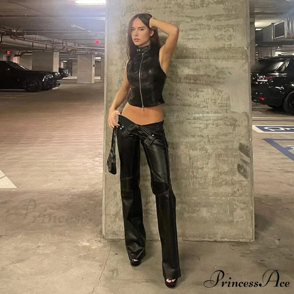 Black Pu Leather Charming Moto Zipper Tank Top - Image 5
