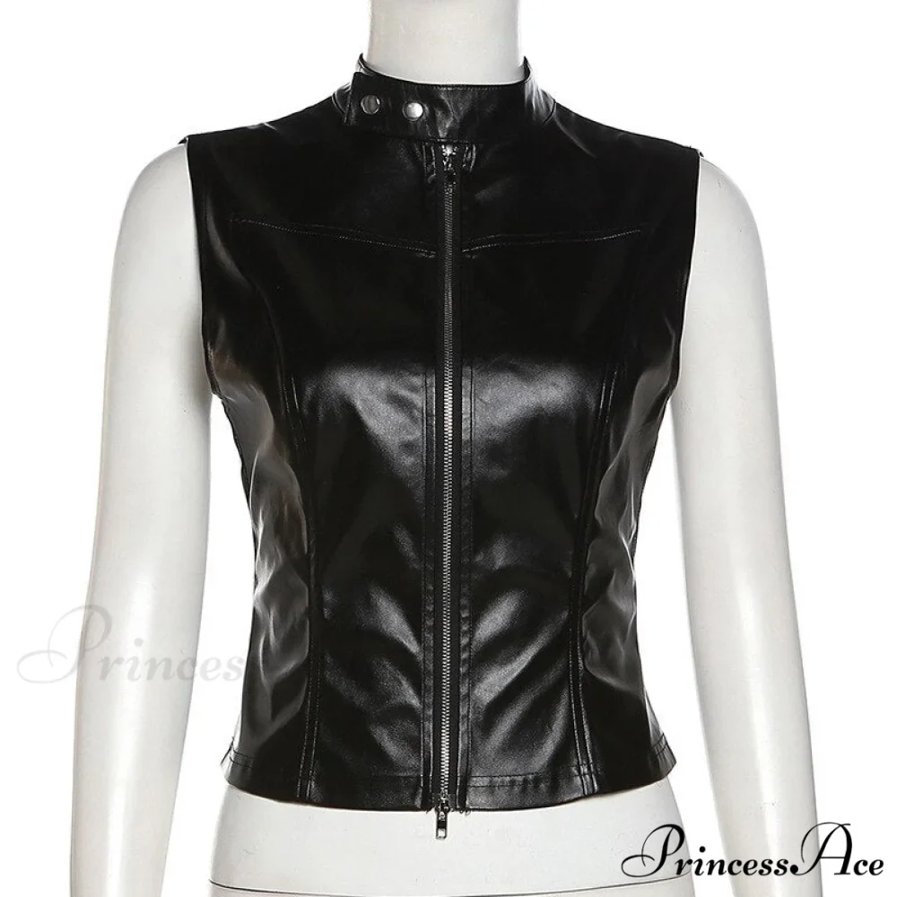 Black Pu Leather Charming Moto Zipper Tank Top - Image 6
