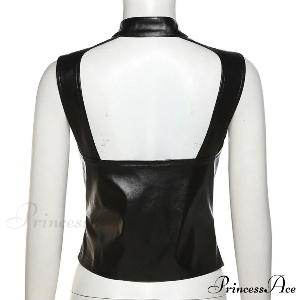 Black Pu Leather Charming Moto Zipper Tank Top - Image 7