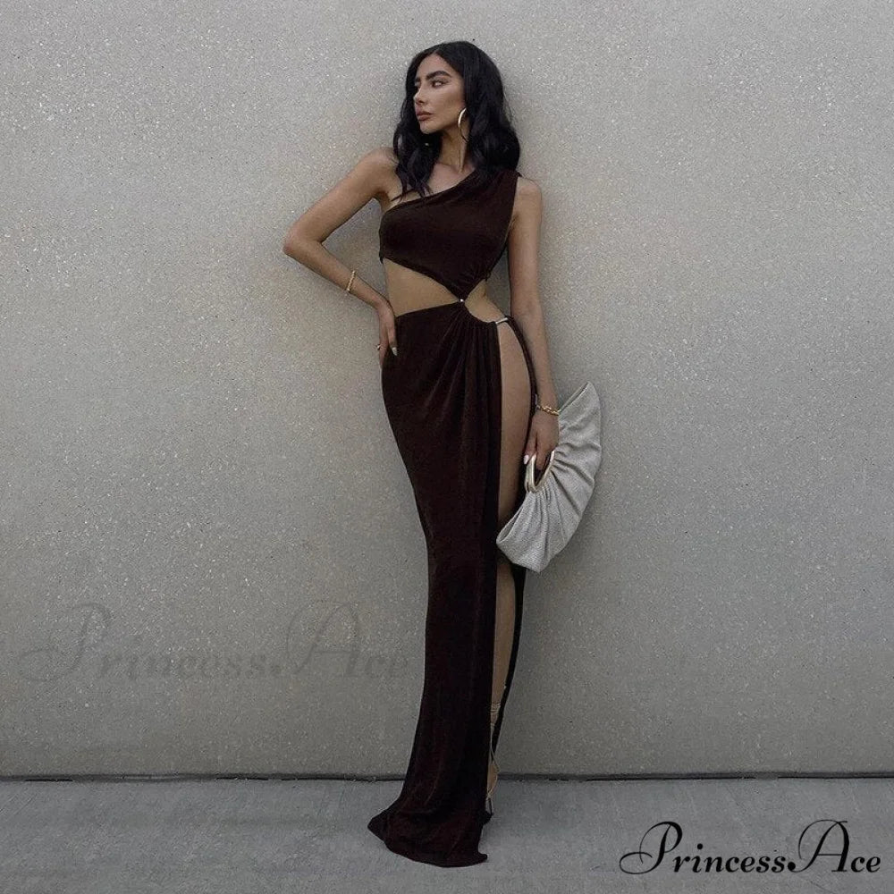 One Shoulder High Split Graceful O-Ring Long Maxi Dress - Image 11