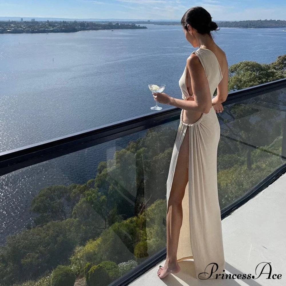 One Shoulder High Split Graceful O-Ring Long Maxi Dress - Image 17