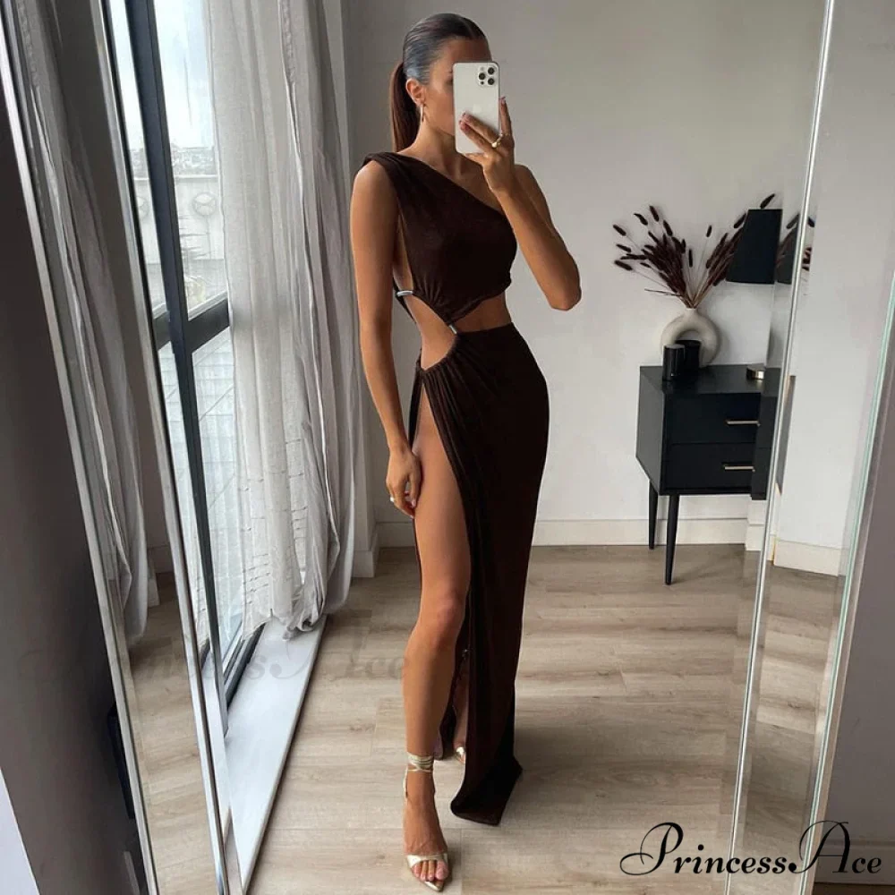 One Shoulder High Split Graceful O-Ring Long Maxi Dress - Image 18