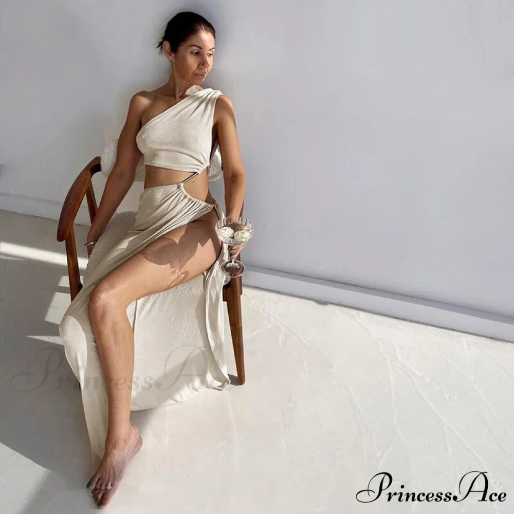 One Shoulder High Split Graceful O-Ring Long Maxi Dress - Image 9