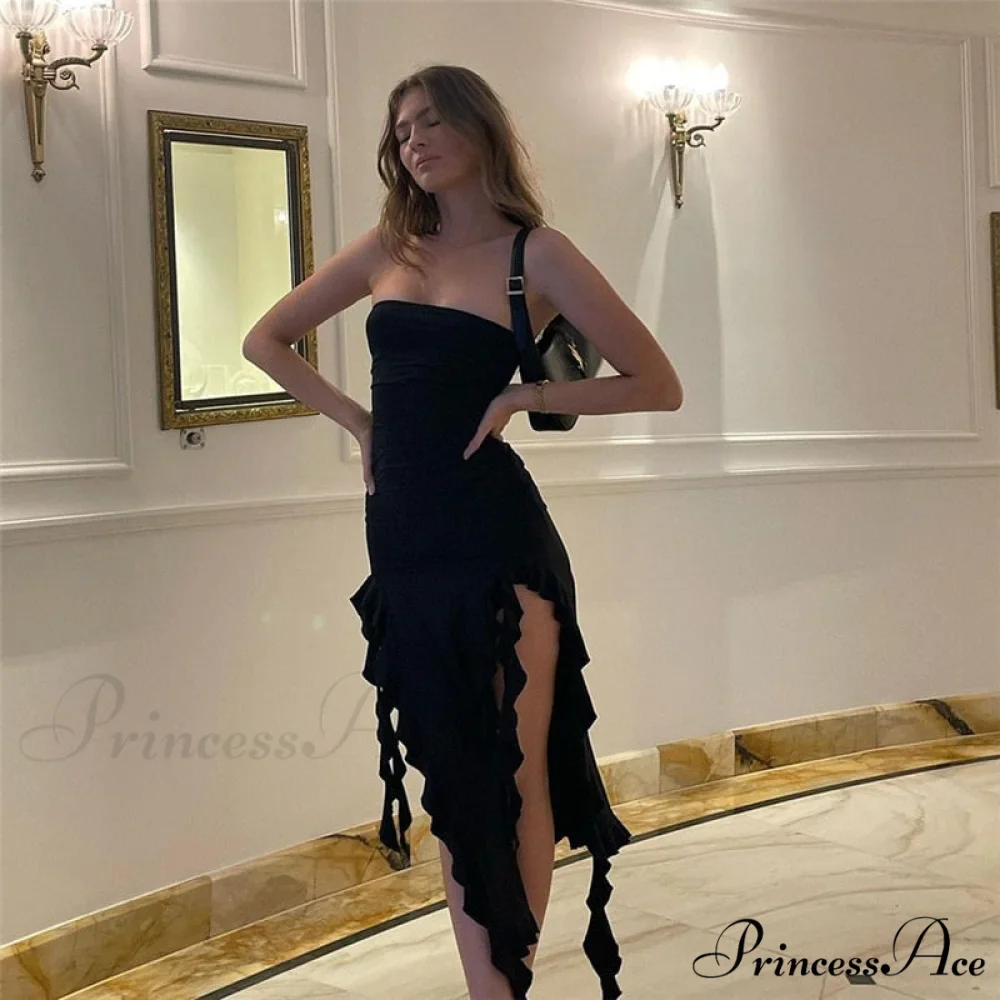 Ruffle Fringe Double Charming Slit Tube Midi Dress - Image 11