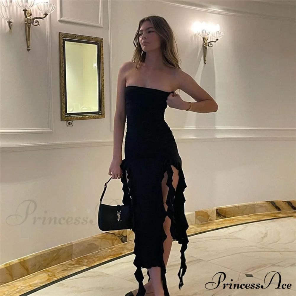 Ruffle Fringe Double Charming Slit Tube Midi Dress - Image 12
