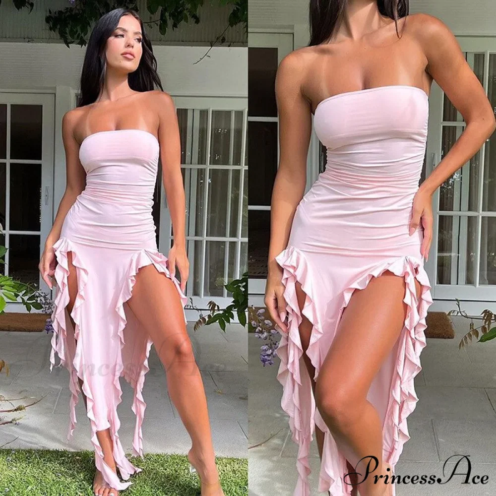 Ruffle Fringe Double Charming Slit Tube Midi Dress - Image 13