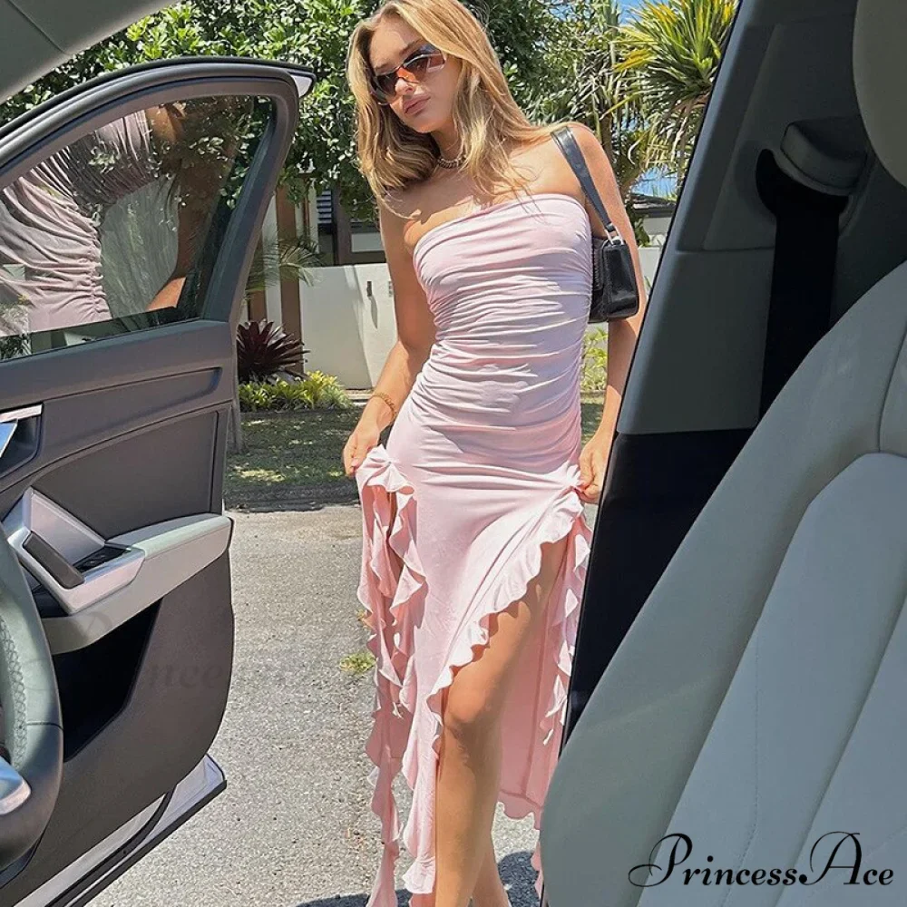 Ruffle Fringe Double Charming Slit Tube Midi Dress - Image 14