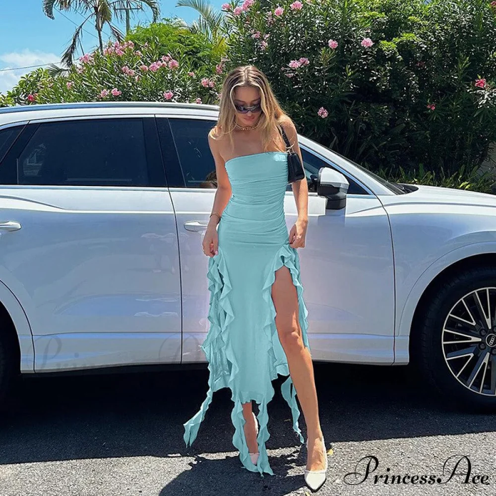 Ruffle Fringe Double Charming Slit Tube Midi Dress - Image 22