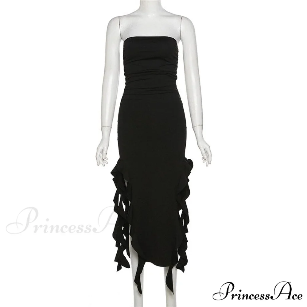 Ruffle Fringe Double Charming Slit Tube Midi Dress - Image 24