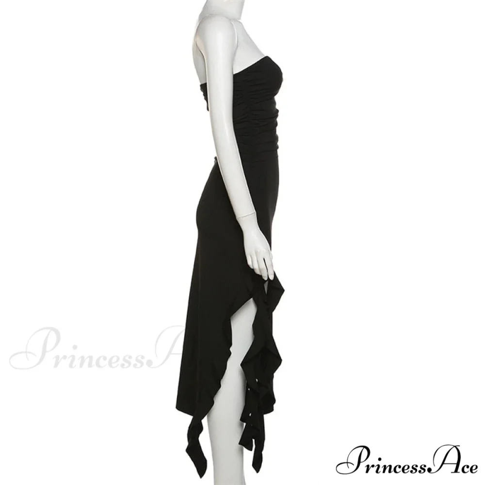 Ruffle Fringe Double Charming Slit Tube Midi Dress - Image 25