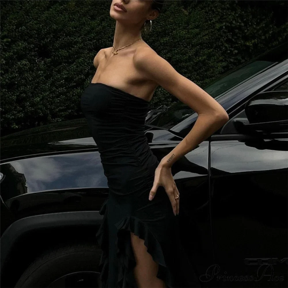 Ruffle Fringe Double Charming Slit Tube Midi Dress - Image 4