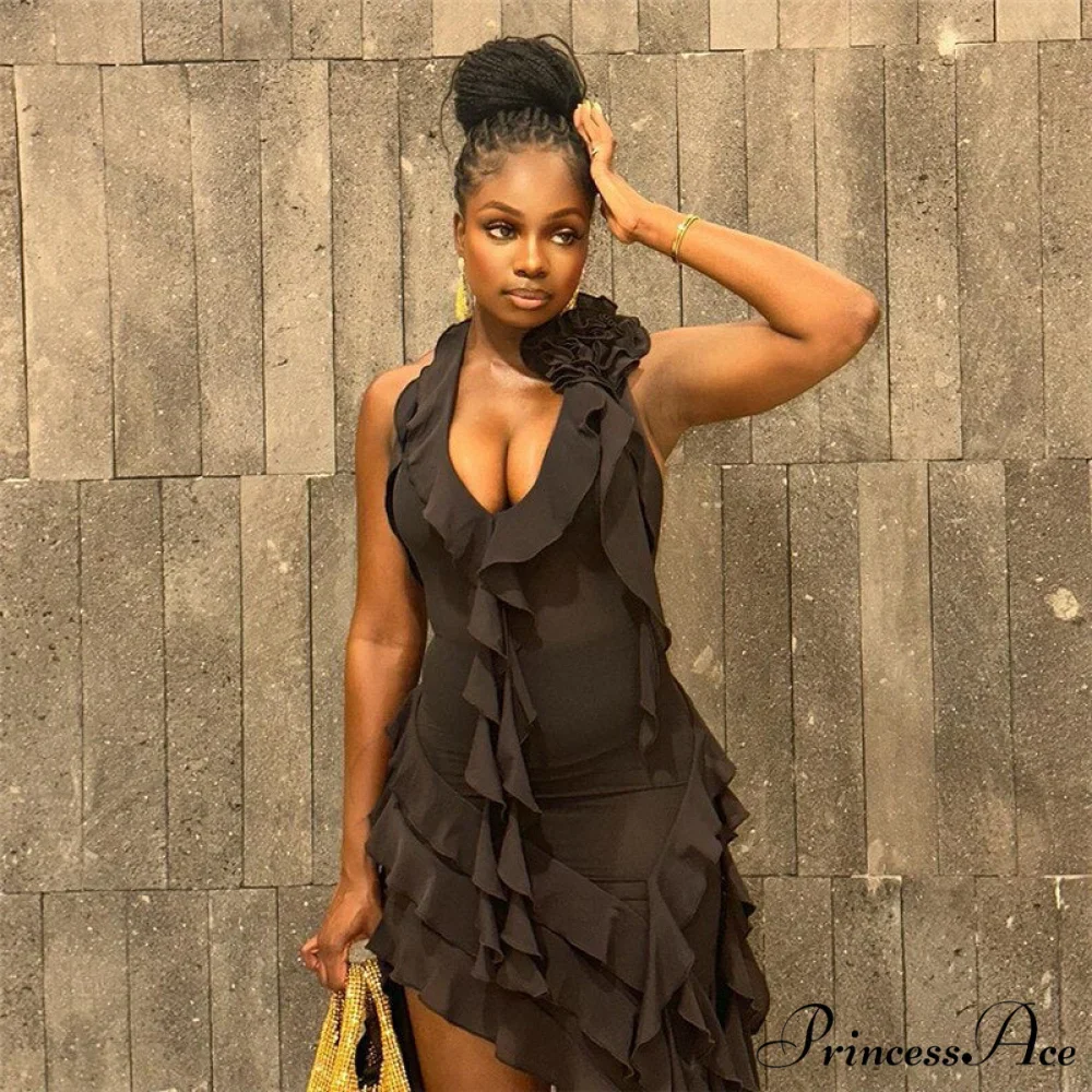 Halter Fringe Flower Charming Mesh Midi Dress - Image 11