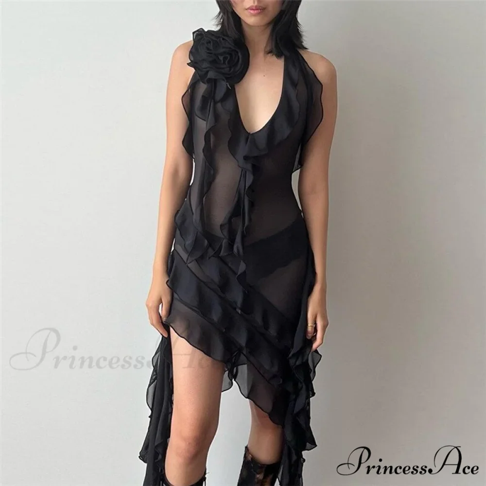 Halter Fringe Flower Charming Mesh Midi Dress - Image 2