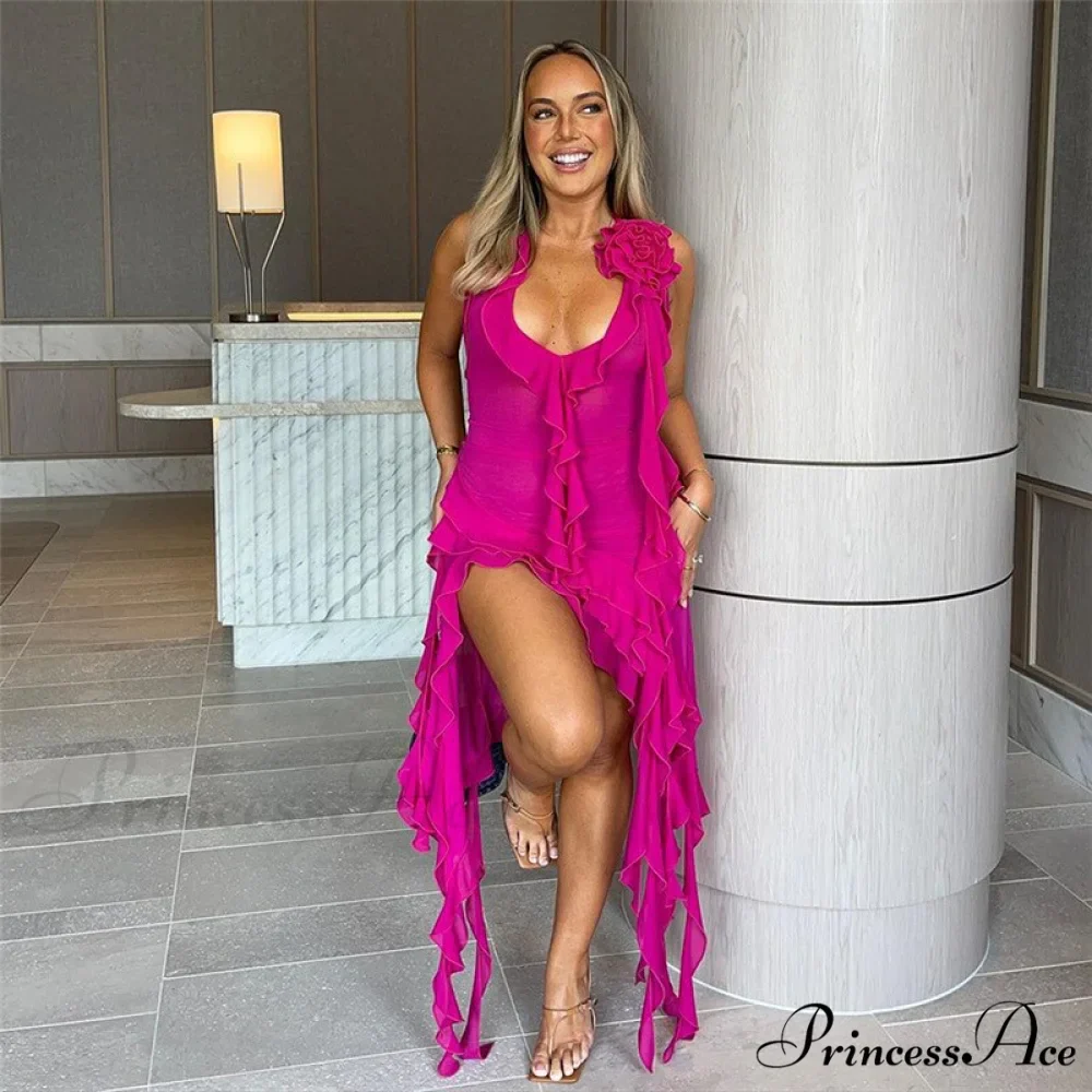 Halter Fringe Flower Charming Mesh Midi Dress - Image 24