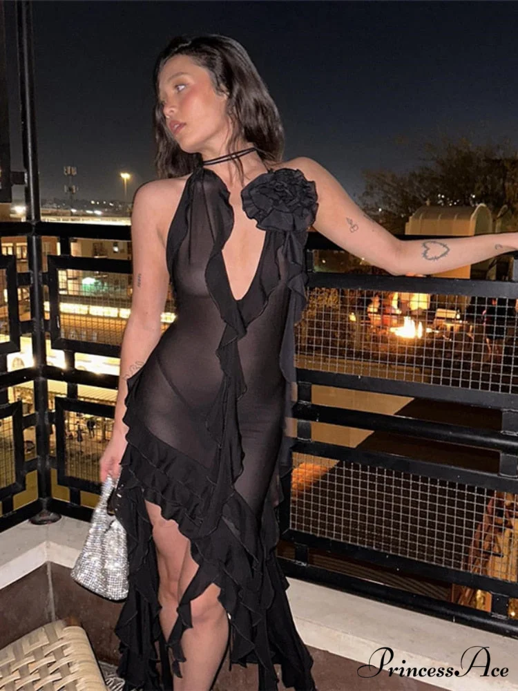 Halter Fringe Flower Charming Mesh Midi Dress - Image 5