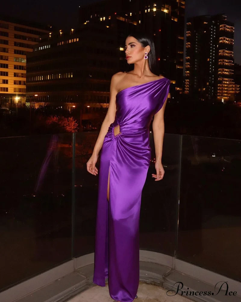 Purple One Shoulder Satin Graceful Hollow Cut Maxi Dress - Image 2