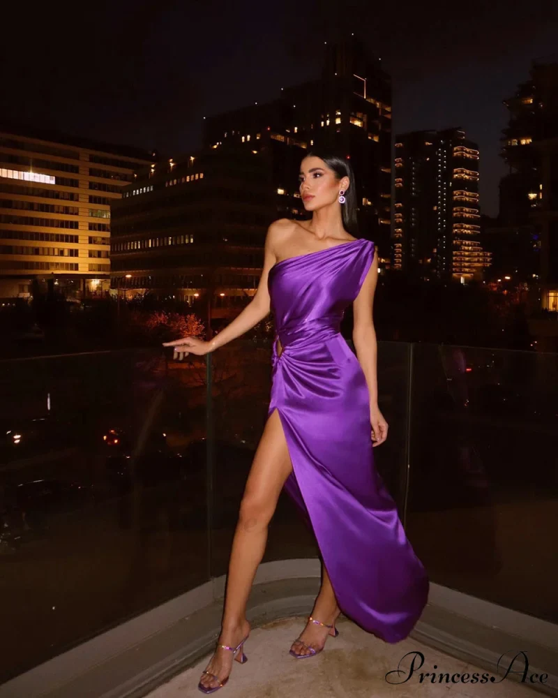 Purple One Shoulder Satin Graceful Hollow Cut Maxi Dress - Image 3