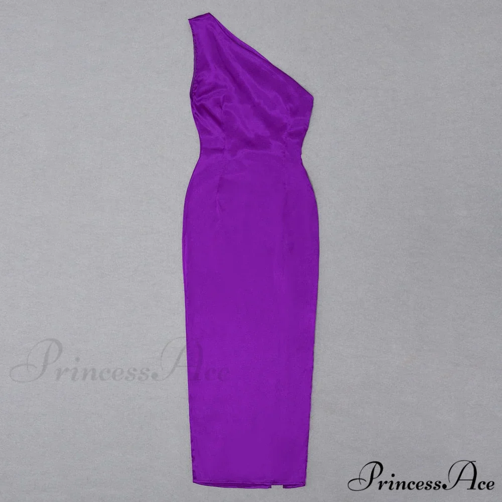 Purple One Shoulder Satin Graceful Hollow Cut Maxi Dress - Image 4