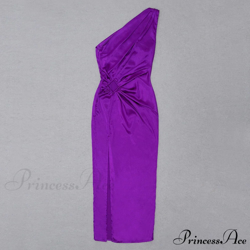 Purple One Shoulder Satin Graceful Hollow Cut Maxi Dress - Image 5