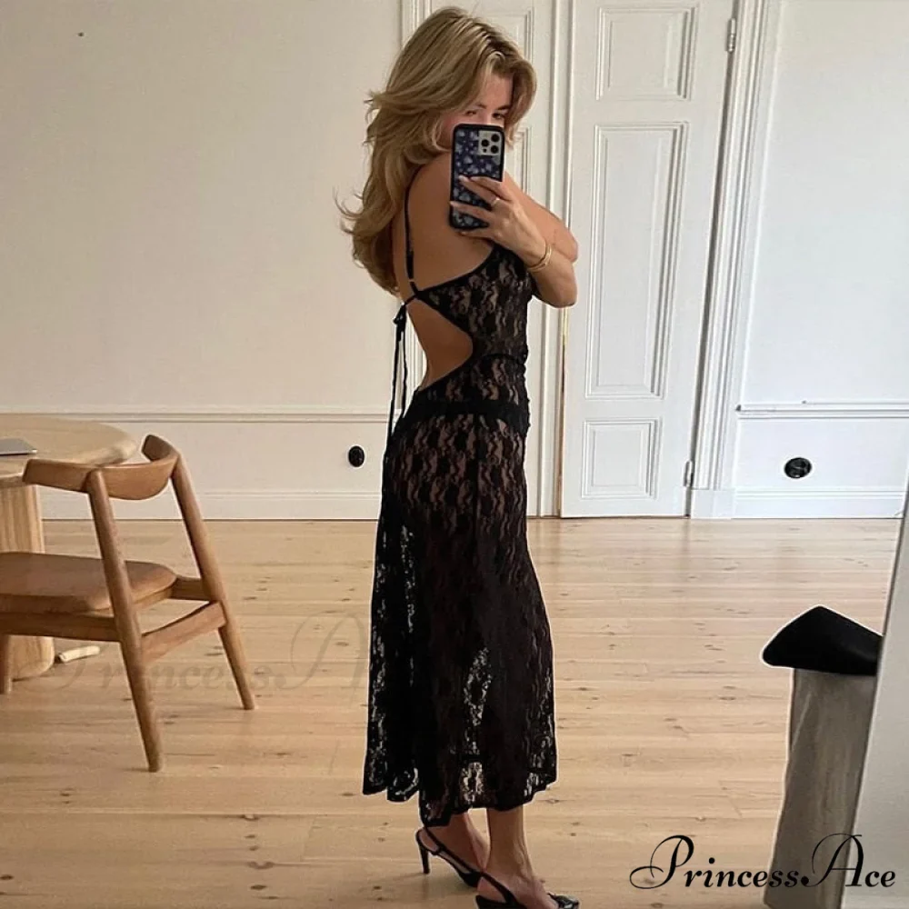 Black Lace Mesh Charming Strap Midi Dress - Image 10