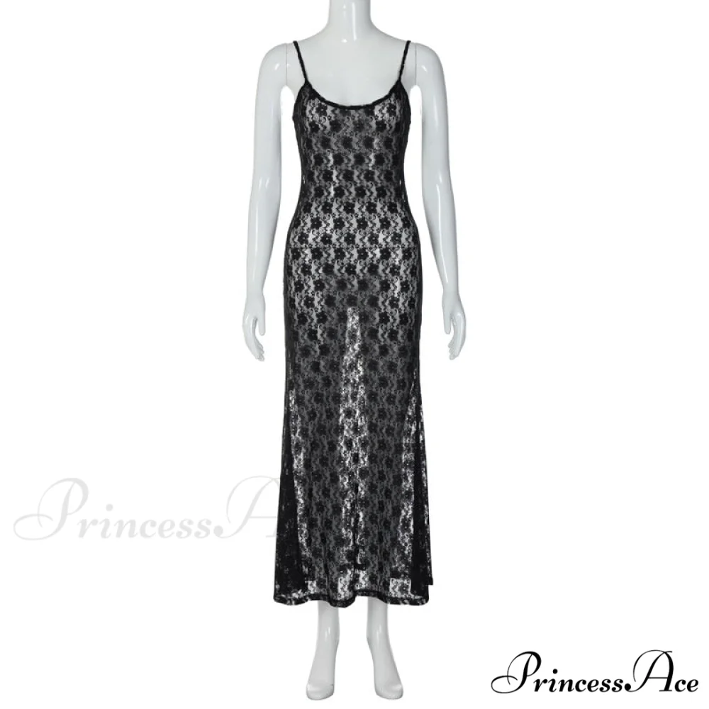 Black Lace Mesh Charming Strap Midi Dress - Image 11