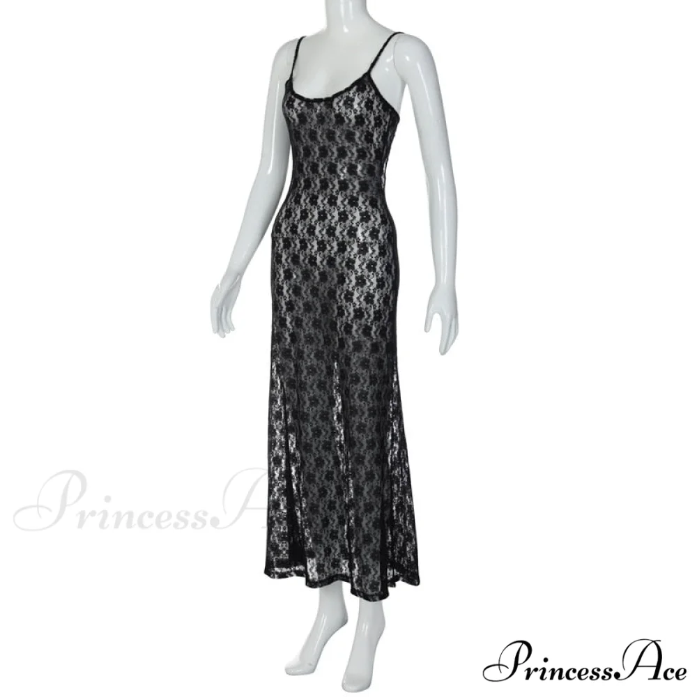 Black Lace Mesh Charming Strap Midi Dress - Image 12
