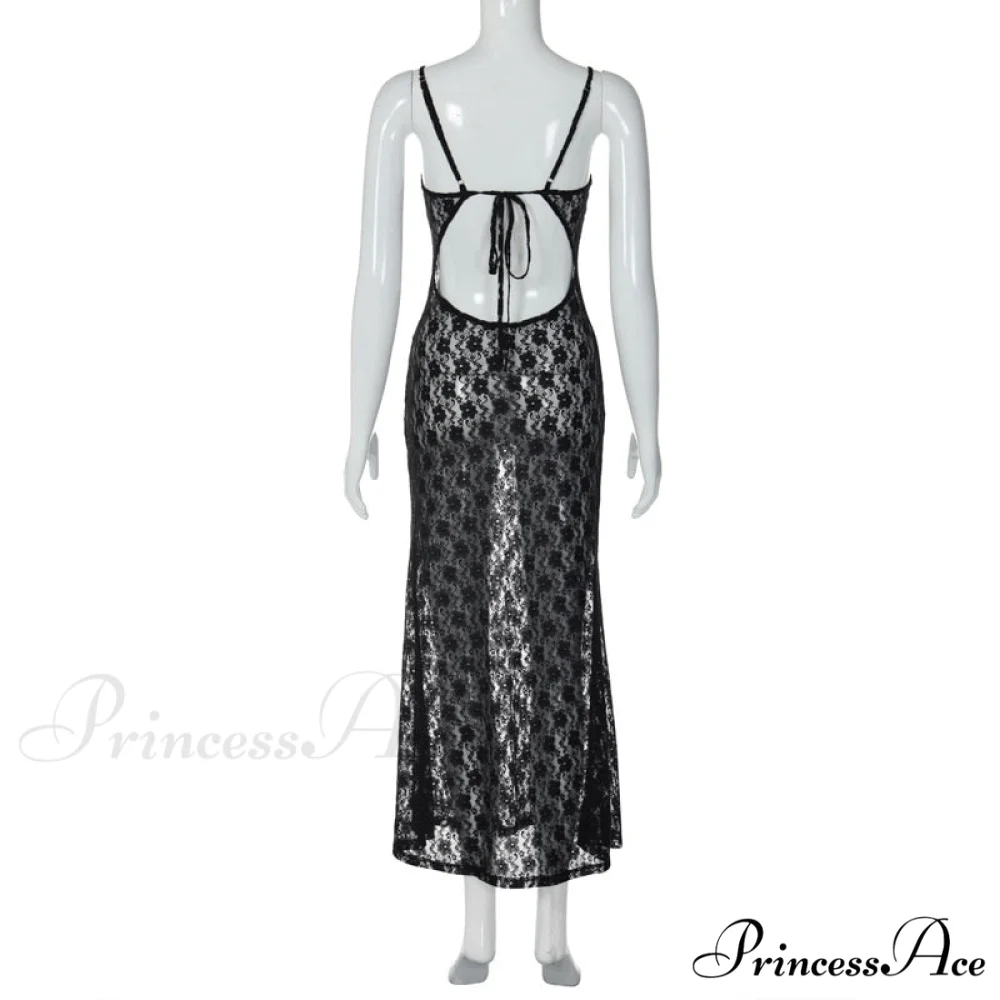 Black Lace Mesh Charming Strap Midi Dress - Image 13