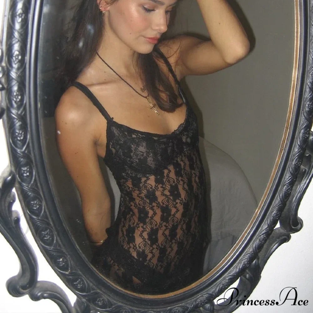 Black Lace Mesh Charming Strap Midi Dress - Image 7