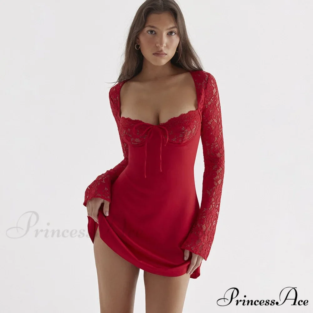 Red Lace Bustier Charming Long Sleeve Mini Dress - Image 3