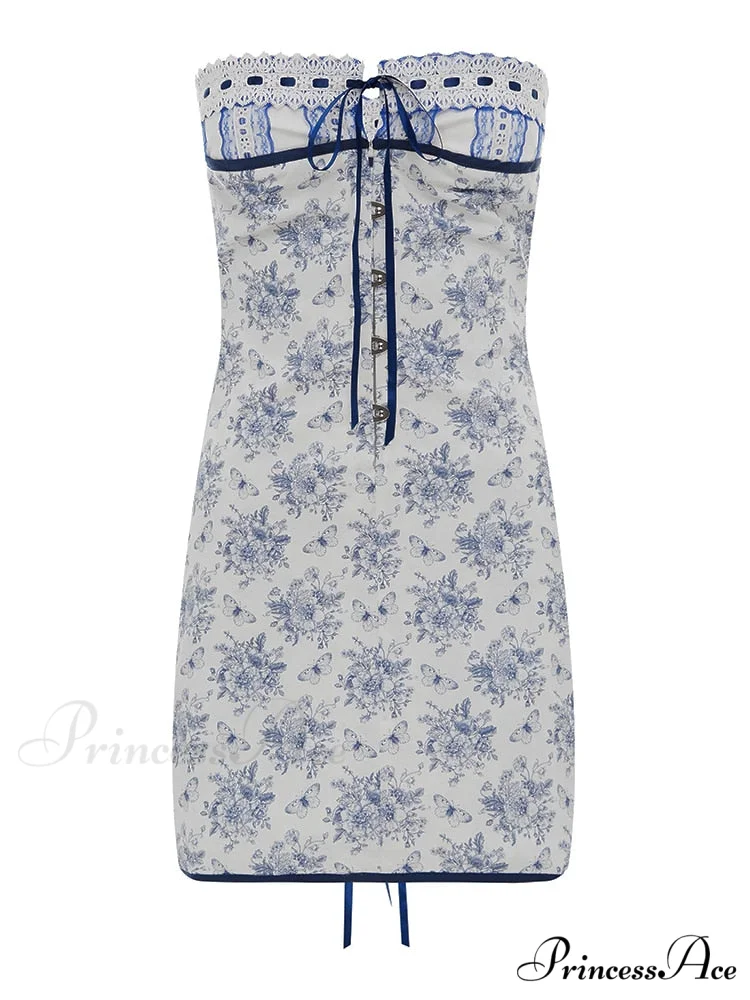 Blue Floral Lace Charming Tube Mini Dress - Image 3