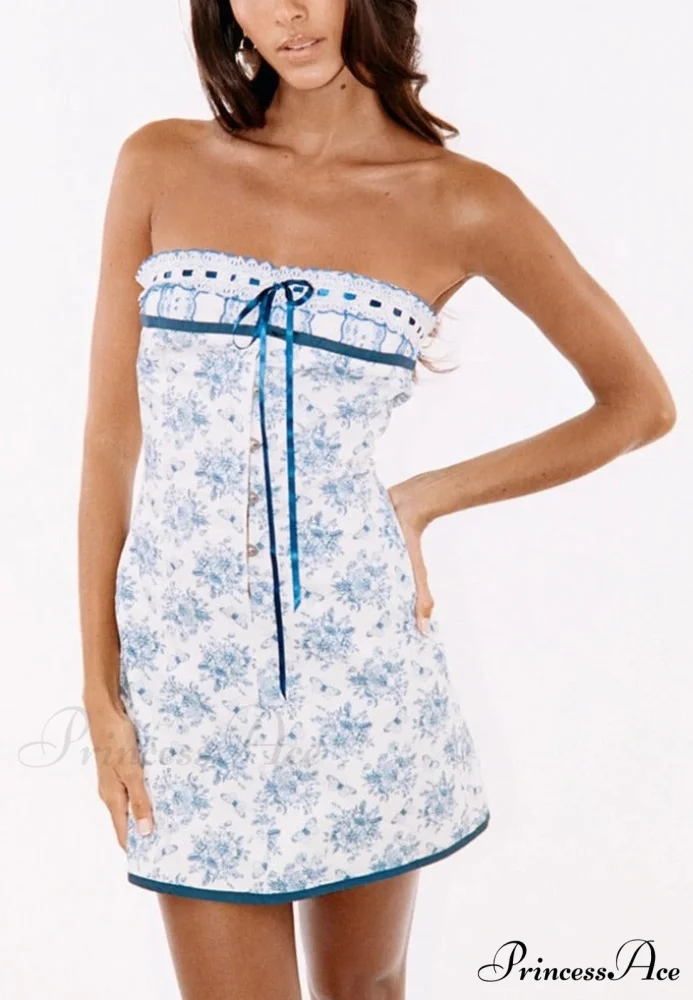Blue Floral Lace Charming Tube Mini Dress - Image 4