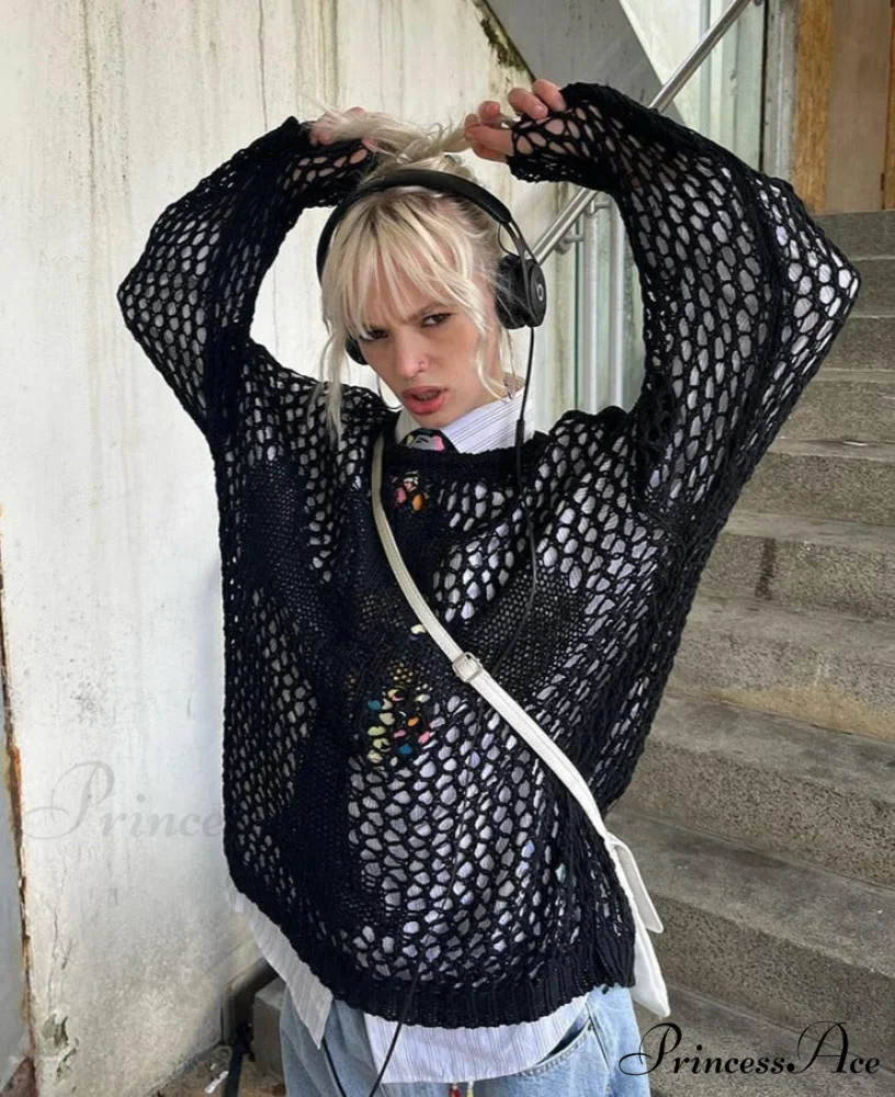 Distressed Cross Fishnet Charming Design Hollow Out Sweater - Image 2