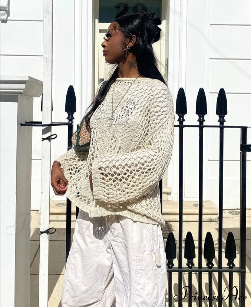 Distressed Cross Fishnet Charming Design Hollow Out Sweater - Image 5